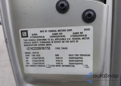 2005 GMC Sierra 2500Hd Sle из США, поврежденный, VIN 1GTHC23205F957753